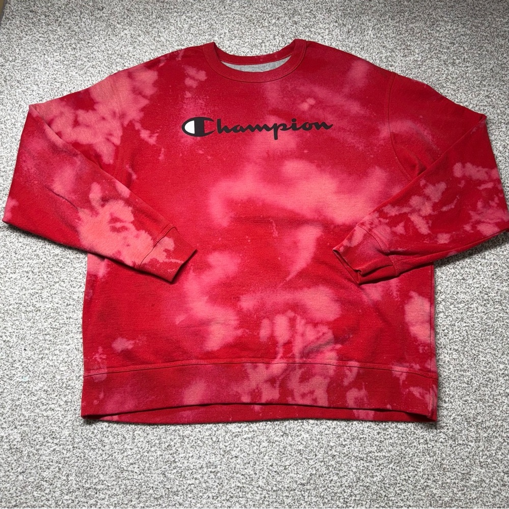 Men’s Champion Red Reverse Weave Tie-Dye‎ Crewneck Fleece Lined Sweater Size 2XL